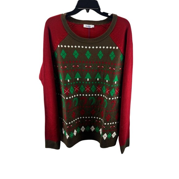 Blueberry Festive Ugly Christmas Sweater Brown Red Fair Isle Holidays Pullover - Picture 2 of 10